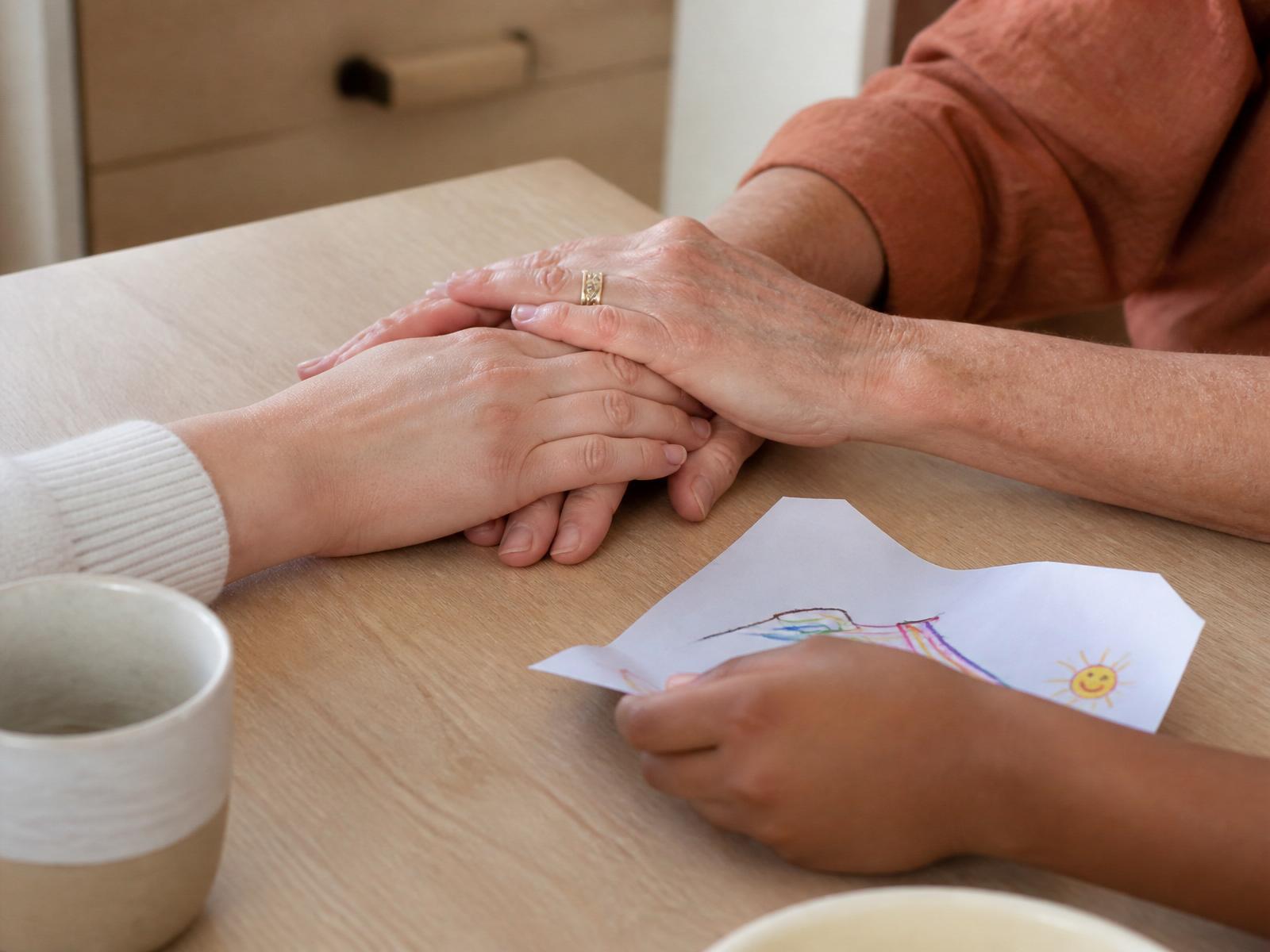 Three hands of different generations resting together on a table beside a child's crayon drawing