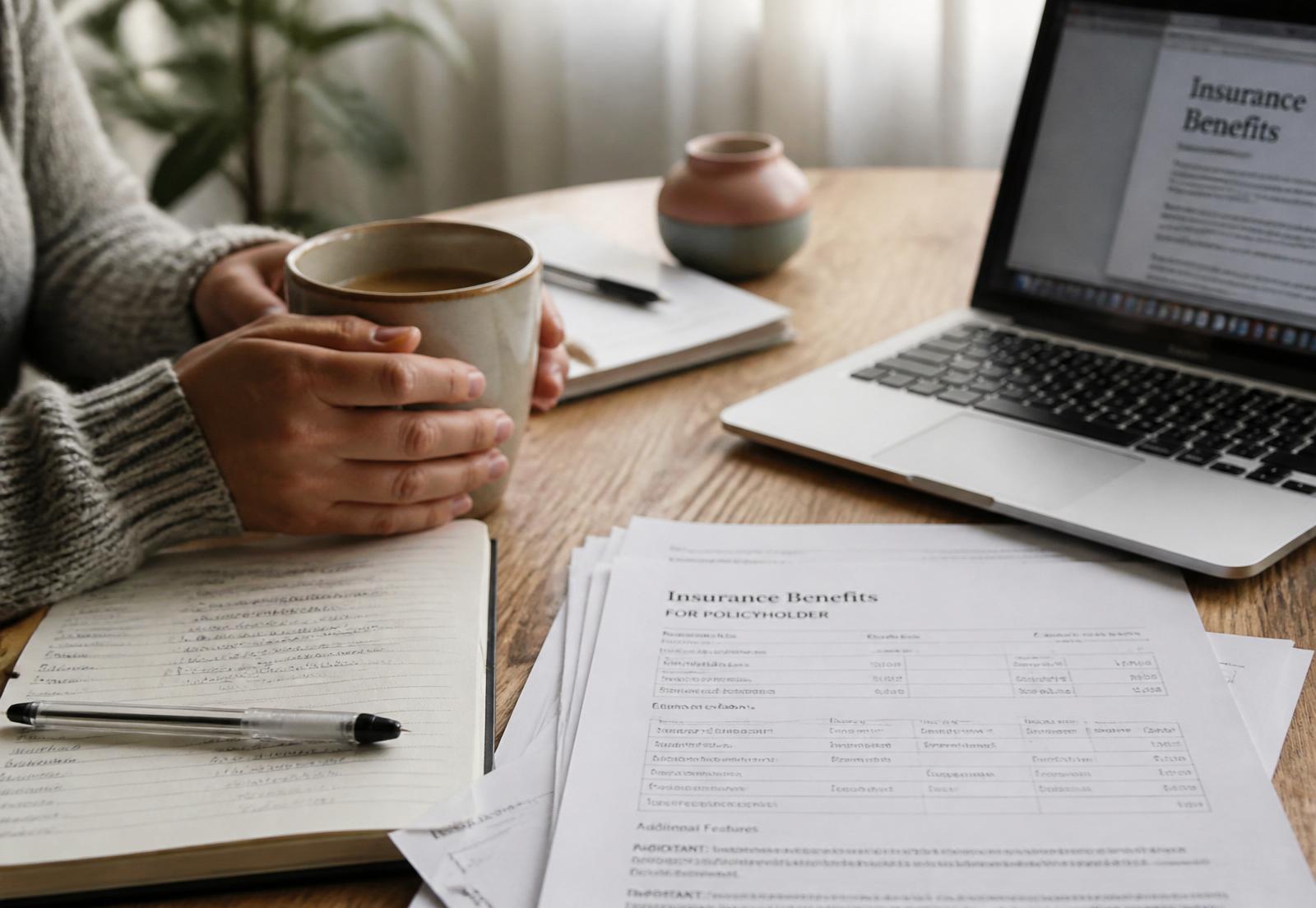 A parent reviewing insurance benefits paperwork with morning coffee and a laptop