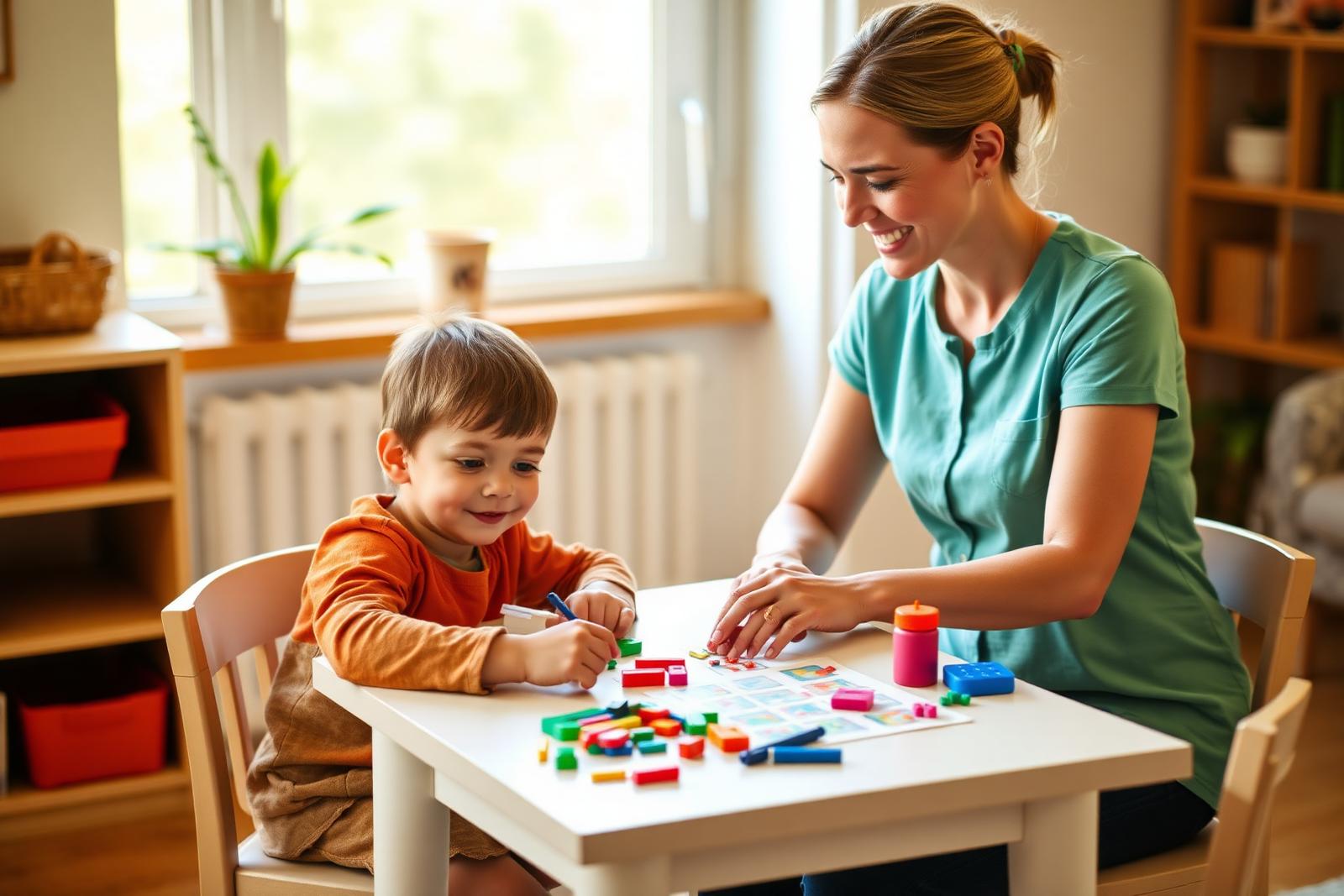 A young child engaged in a personalized ABA therapy session with a caring therapist using colorful learning materials in a warm, family-friendly setting