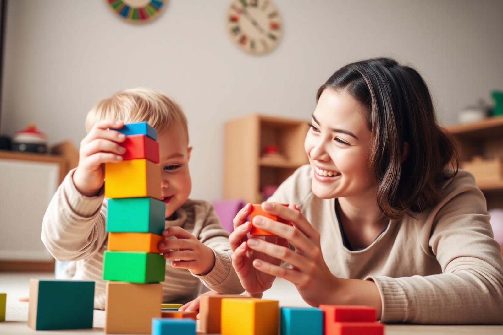 A toddler and early intervention ABA specialist playing together with developmental toys in a nurturing home setting