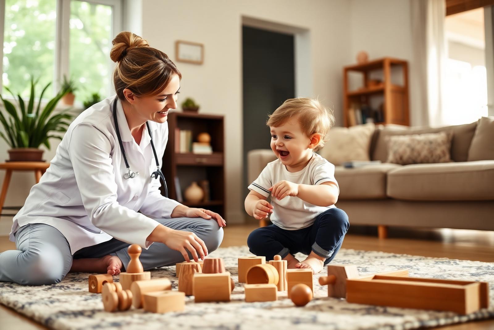 A registered behavior technician providing in-home ABA therapy while playing with a child on the floor in a bright, comfortable family living room