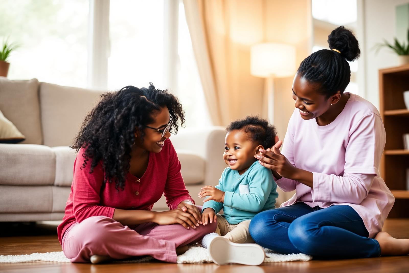 A parent and caregiver participating in parent training for ABA techniques while engaging with their child in a supportive home setting