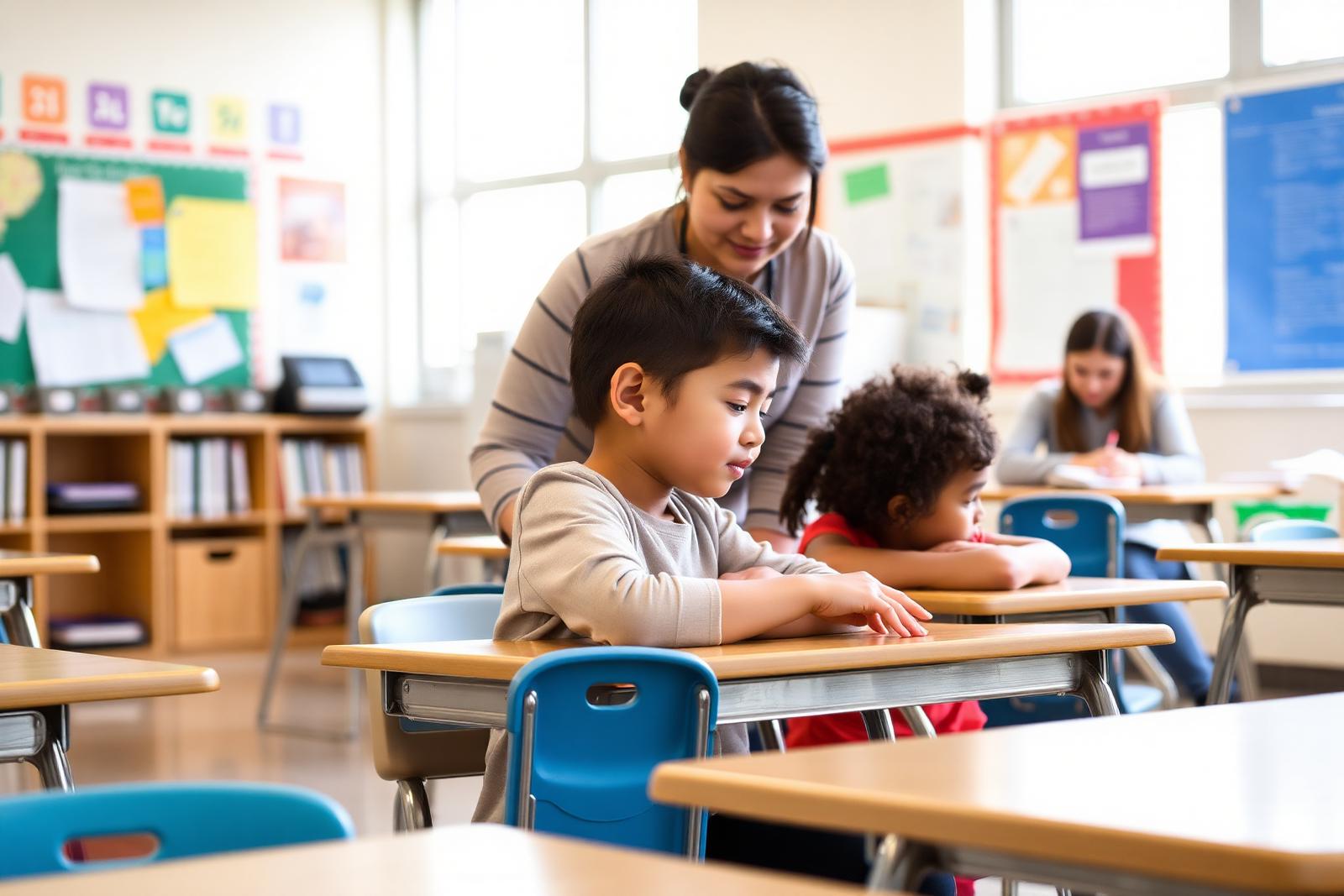 A school-based ABA therapist supporting a child at a classroom desk with books and visual supports in a welcoming classroom environment