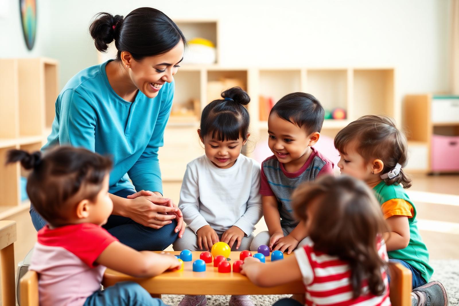 Children participating in a social skills group led by an ABA therapist, practicing cooperative play and communication in a friendly environment