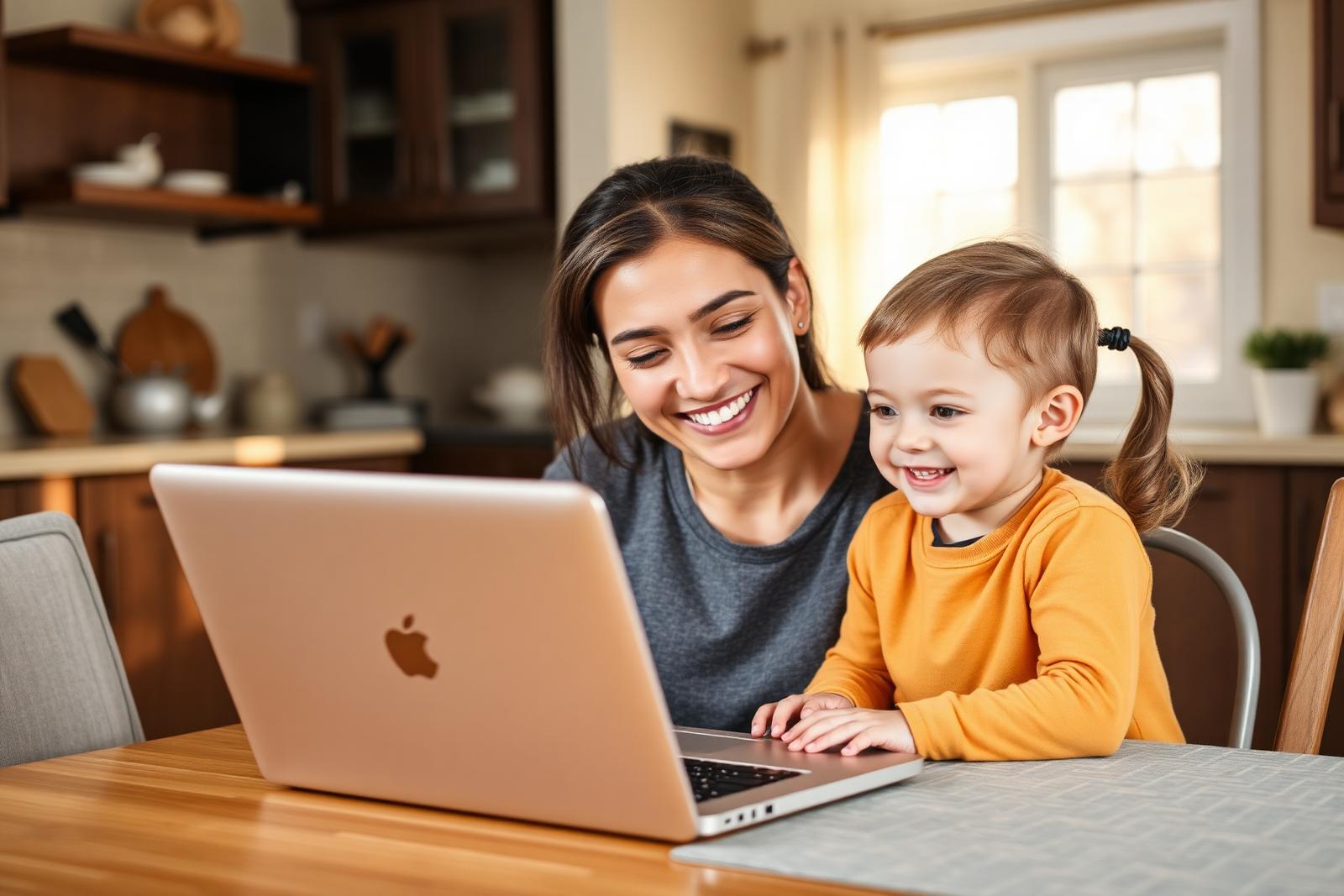 A family receiving telehealth ABA support through a laptop at home, with a parent and child smiling during a virtual session with their therapist