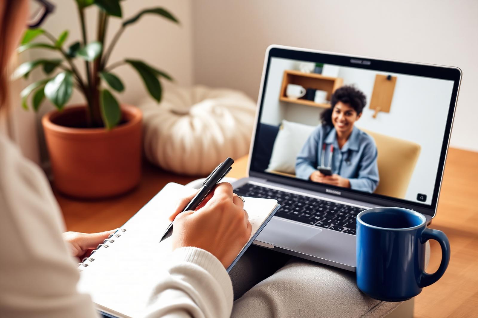A caregiver attending a virtual parent training session on a laptop, learning practical ABA strategies to support their child at home